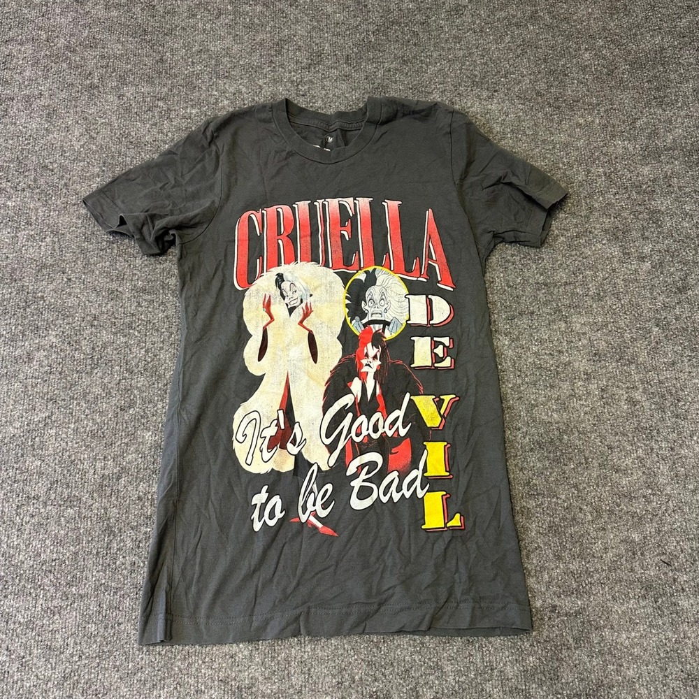Disney T-Shirt Womens Size M Charcoal Cruella De Vil Graphic Good to be Bad Tee